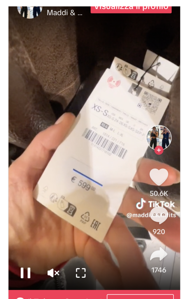 Screenshot di un TikTok sul trend di marketing 2023 che mostra un cappotto di Zara a 600 euro