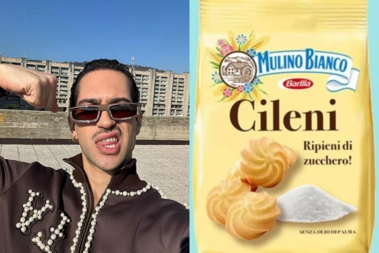 il Cantante Mahmood e la confezione di biscotti "cileni ripieni di zucchero" creata da Mulino Bianco