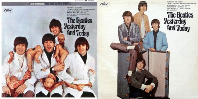 le copertine dell'album yesterday and today dei Beatles con cover originale a sinistra e ristampa a destra