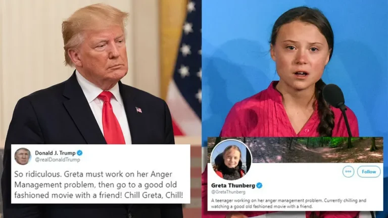 immagini di trump e Greta + screenshot scambio di tweet tra Donald trump e Greta Thunberg