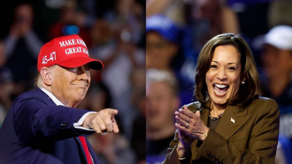 Donald trump con cappellino rosso Make America great again e Kamala Harris in campagna elettorale per le elezioni usa 2024