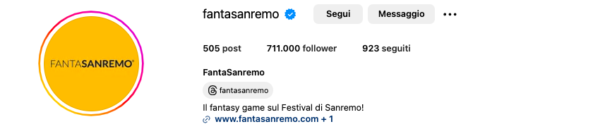 Profilo instagram del FantaSanremo da quasi un milione di followers